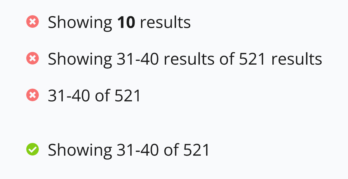 Don’t change default text strings unless necessary for localization. The default text string is “**Showing \{range of visible results\} of \{total results\}**”.